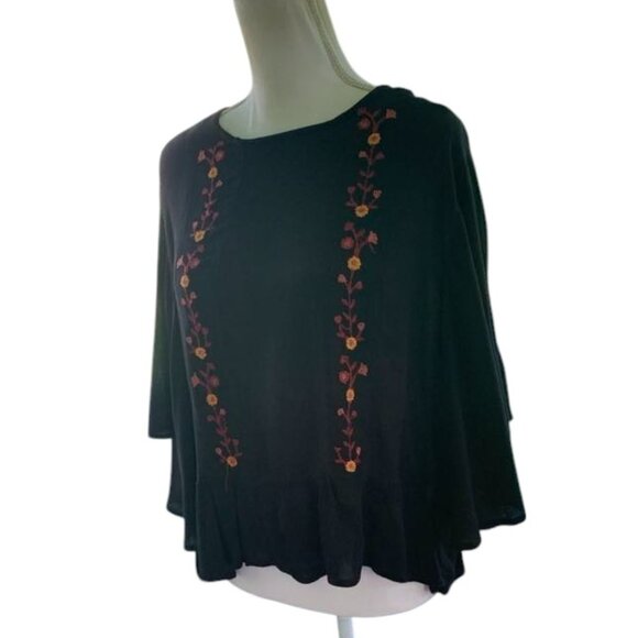 Women's Blue Rain Rayon Top - Black Embroidered with Batwing Sleeves - Picture 4 of 5